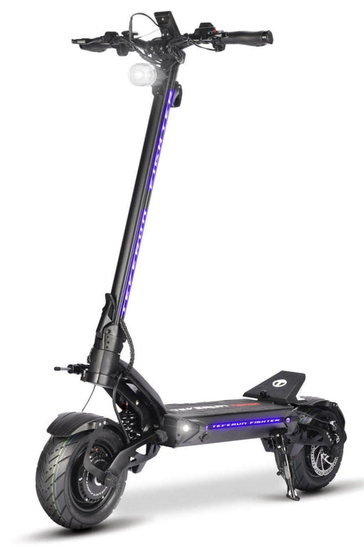 A black Teverun Fighter 11 electric scooter with large wheels, designed for sports and performance.