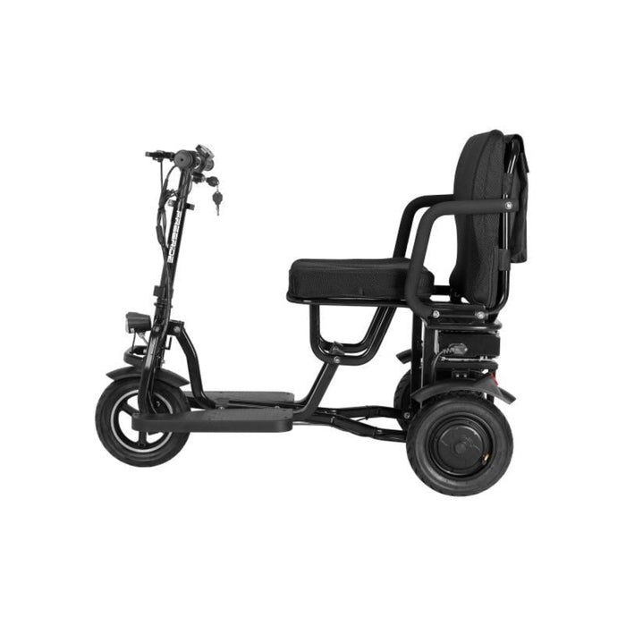 Black mobility scooter with a seat on a white background