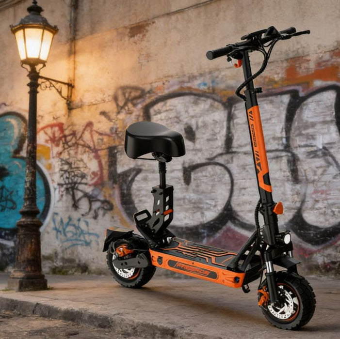 Orange electric scooter parked on a street with graffiti in the background