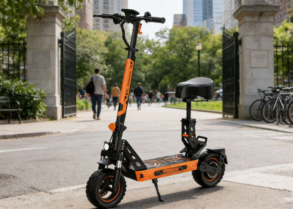 Orange electric scooter on a city street with people and bicycles in the background
