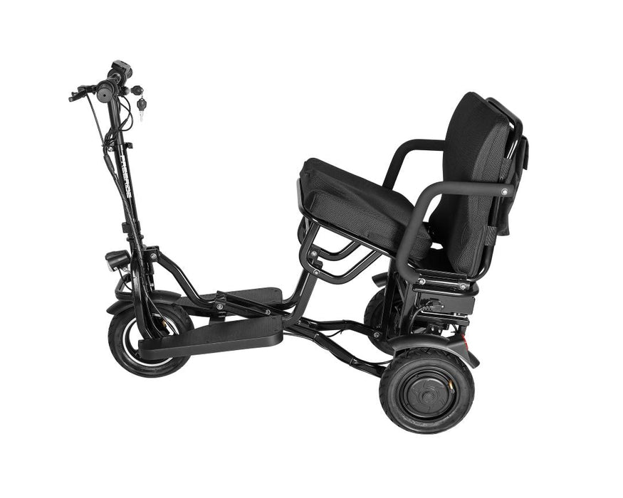 Black mobility scooter with seat on a white background