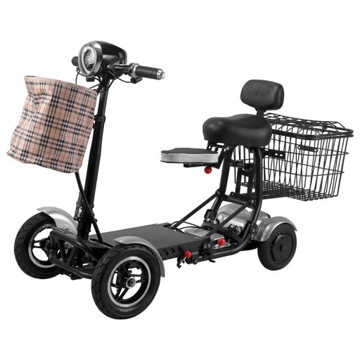 Three-wheeled electric scooter with basket and seat on a white background