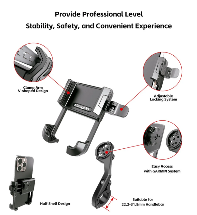 Technical product diagram showing a black phone mount with callout labels for clamp arm V-shape design, adjustable locking system, easy access with G-sense system, half shell design, and suitability for 22.2-31.