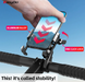 A hand holds a smartphone in a black and silver EasyDo bike handlebar mount against a blue sky background. The image includes red callout labels reading 'ALUMINUM ALLOY' and 'ONE CLICK LOCK', plus a large text overlay at the bottom saying 'This! it's called stability!'.