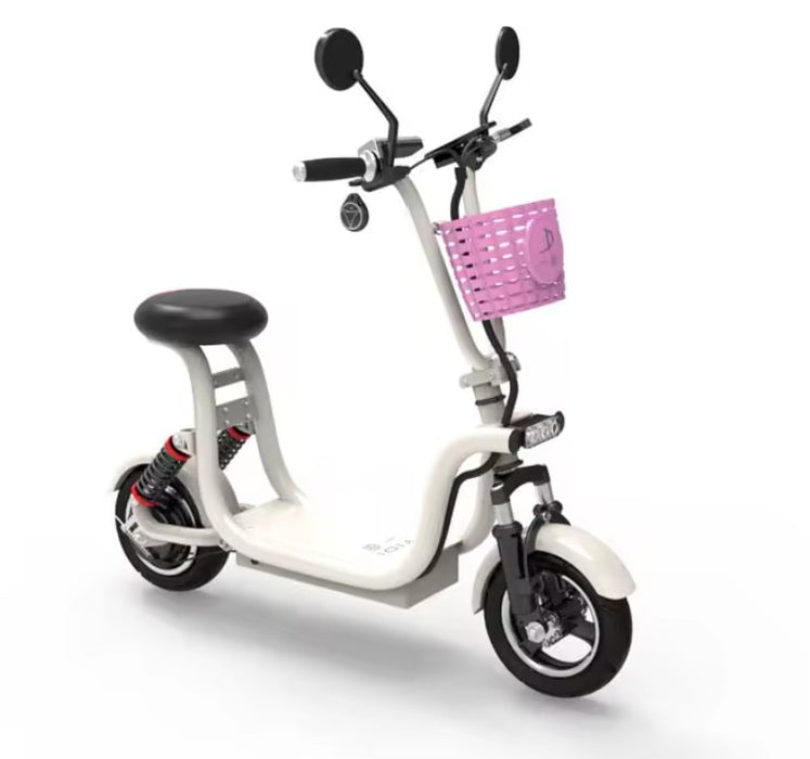 White electric scooter with a pink basket on a white background
