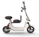 White electric tricycle with black seat and pink basket on a white background