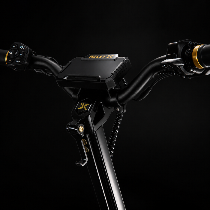 Close-up of electric scooter handlebars with a focus on the handlebar drops and RoleyX brand logo.