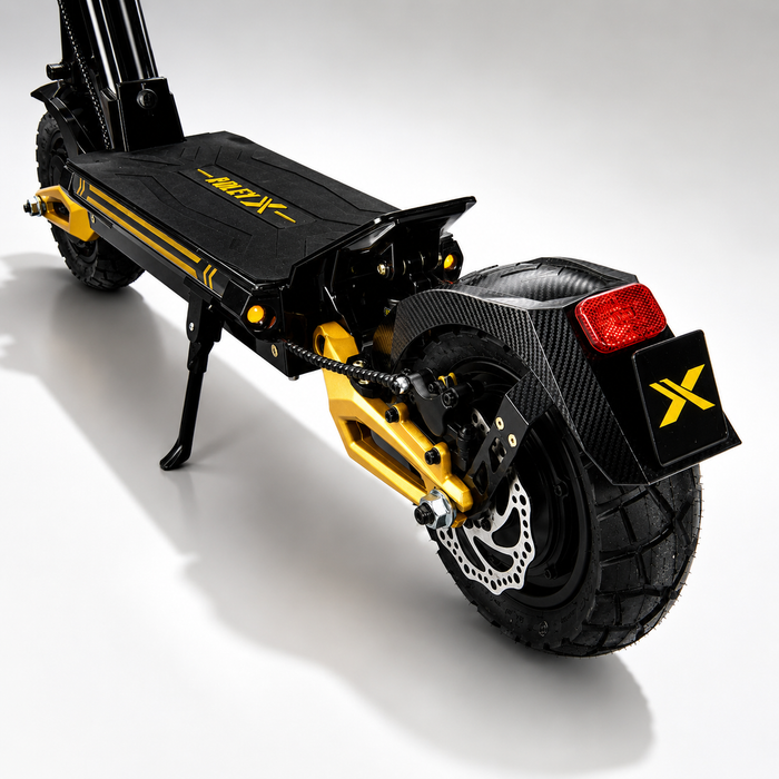 Black and yellow electric scooter with visible branding on a white background