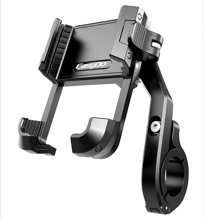 A black metal motorcycle phone mount with a clamp design, featuring the 'EasyDo' brand name on the side, shown against a plain white background.