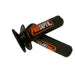 Two black motorcycle handlebar grips with orange and white 'PRO TAPER' branding, displayed on a white surface.