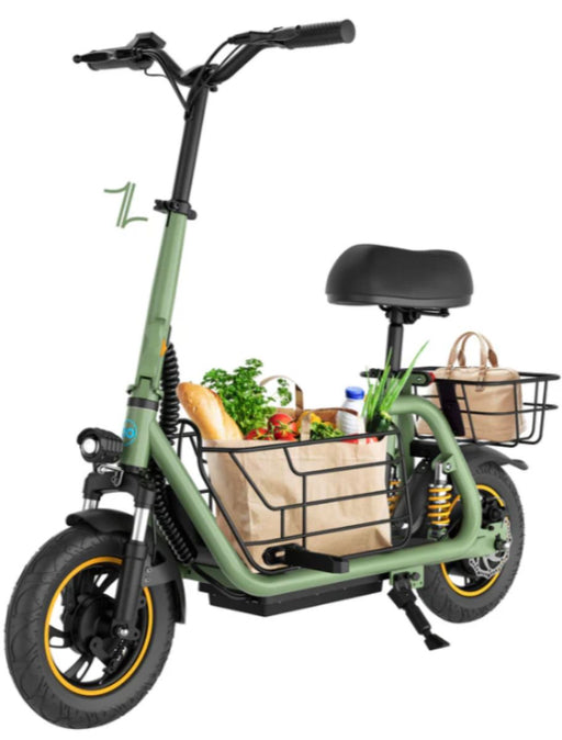 Green electric bike with cargo baskets filled with groceries on a white background